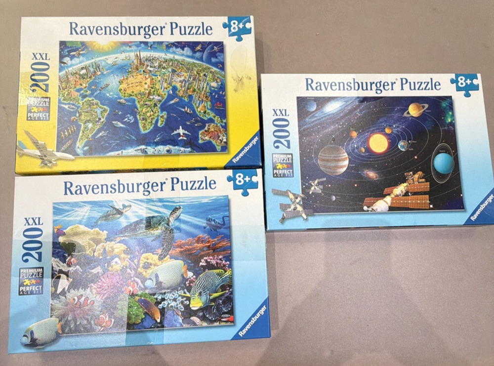 Ravensburger 3 puzzle lot Solar System Ocean turtles world map 200 Piece XXL 8+